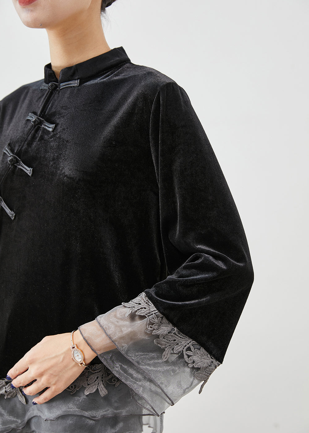 Casual Black Asymmetrical Organza Patchwork Chinese Button Silk Velour Shirt Top Fall Ada Fashion