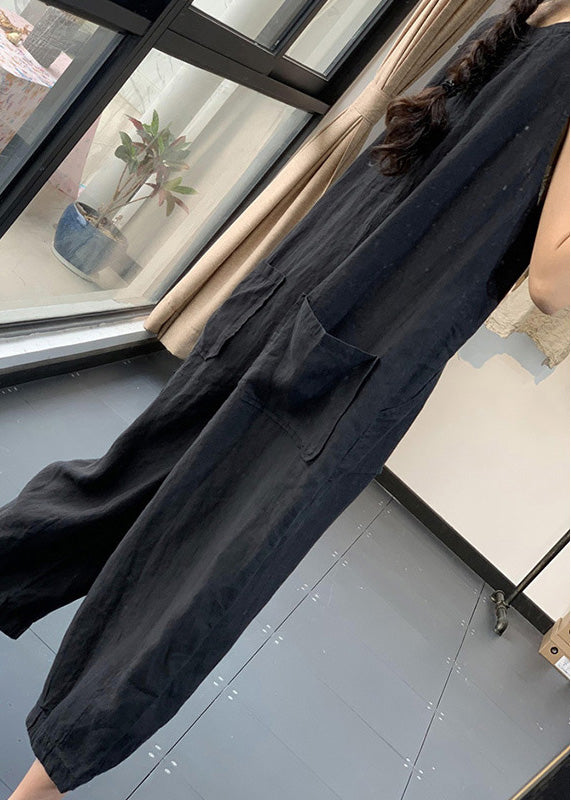 Casual Black Chinese Button Pockets Patchwork Linen Jumpsuits Summer Ada Fashion