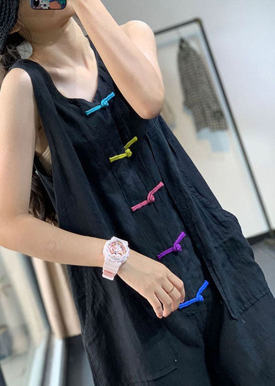 Casual Black Chinese Button Pockets Patchwork Linen Jumpsuits Summer Ada Fashion