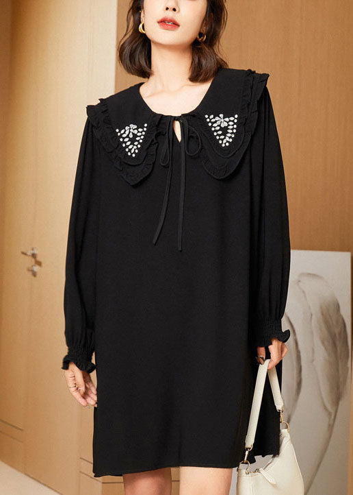 Casual Black Double-Layer Collar Lace Up Cotton Mid Dress Spring LY0249 - fabuloryshop