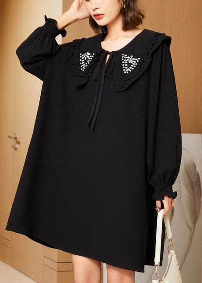 Casual Black Double-Layer Collar Lace Up Cotton Mid Dress Spring LY0249 - fabuloryshop