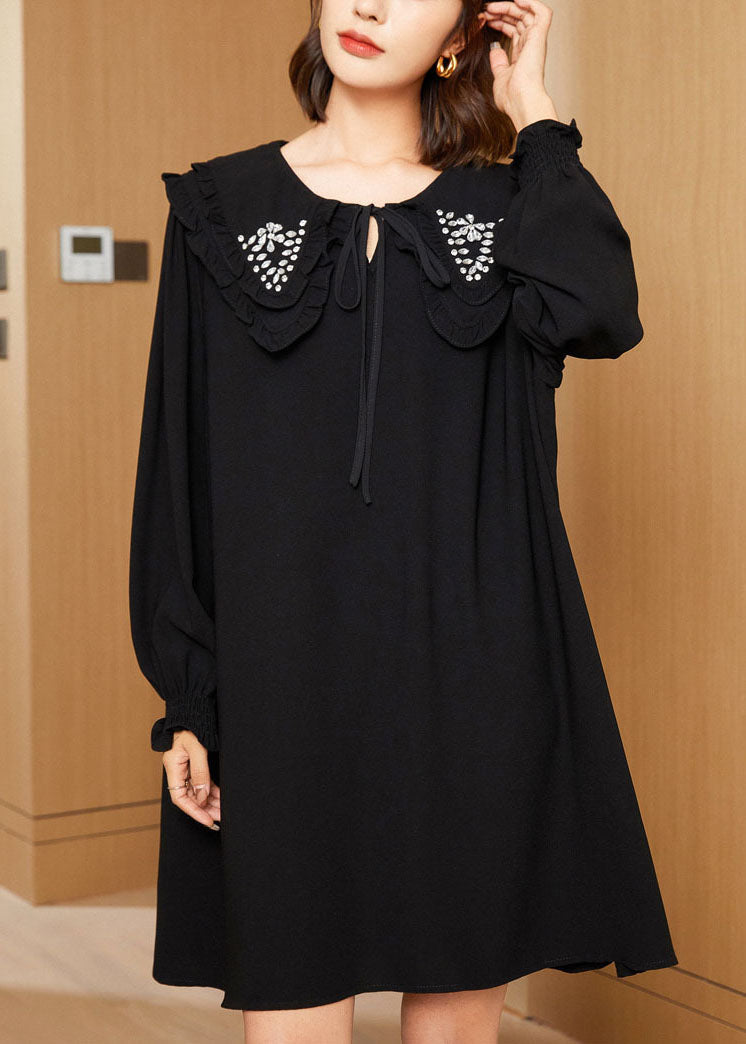 Casual Black Double-Layer Collar Lace Up Cotton Mid Dress Spring LY0249 - fabuloryshop