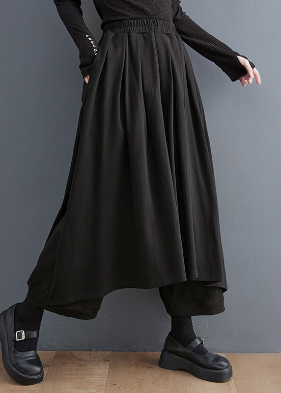 Casual Black Elastic Waist Pockets Solid Wide Leg Pants Skirt Summer LY4946 - fabuloryshop