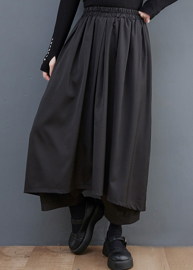 Casual Black Elastic Waist Pockets Solid Wide Leg Pants Skirt Summer LY4946 - fabuloryshop