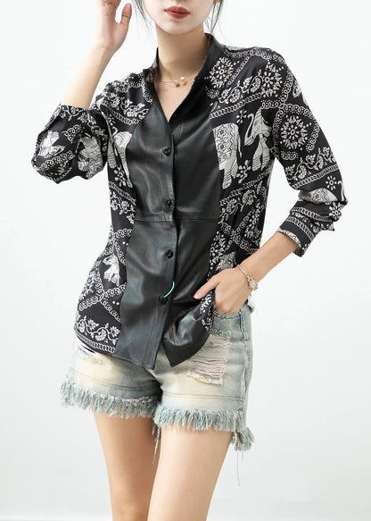 Casual Black Elephant Print Patchwork Blouse Tops Fall Ada Fashion