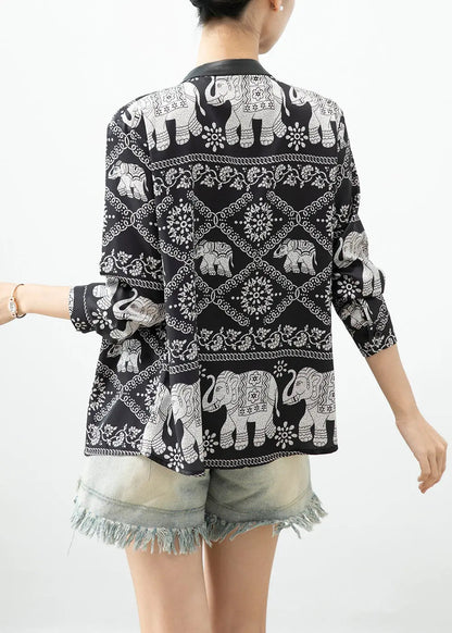 Casual Black Elephant Print Patchwork Blouse Tops Fall Ada Fashion