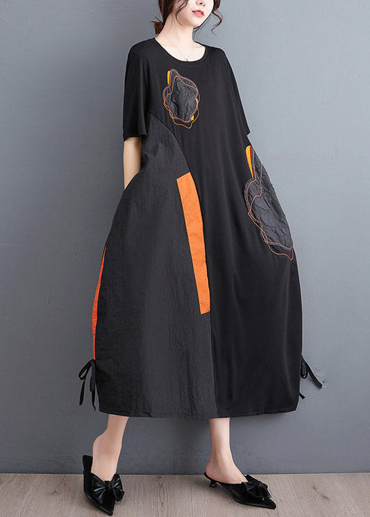 Casual Black Embroideried Floral Drawstring Long Dress Short Sleeve LY3940 - fabuloryshop