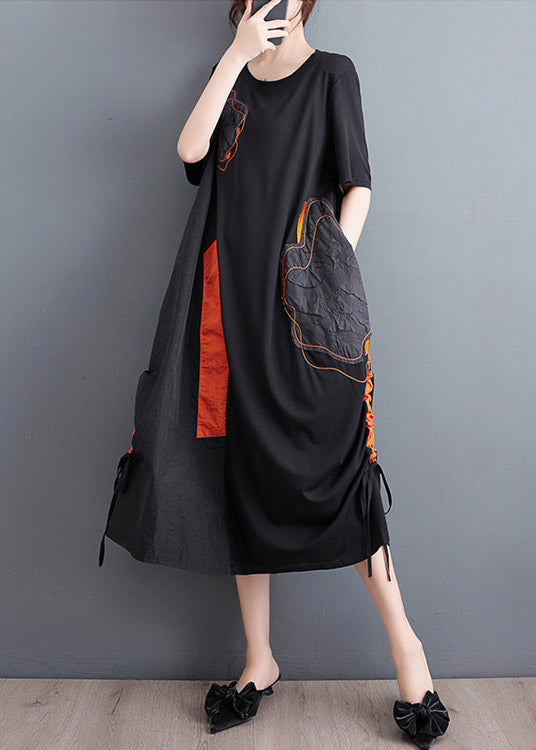 Casual Black Embroideried Floral Drawstring Long Dress Short Sleeve LY3940 - fabuloryshop