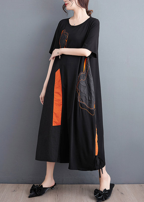 Casual Black Embroideried Floral Drawstring Long Dress Short Sleeve LY3940 - fabuloryshop