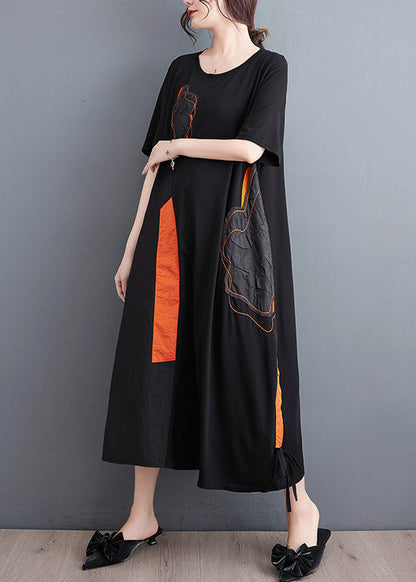 Casual Black Embroideried Floral Drawstring Long Dress Short Sleeve LY3940 - fabuloryshop