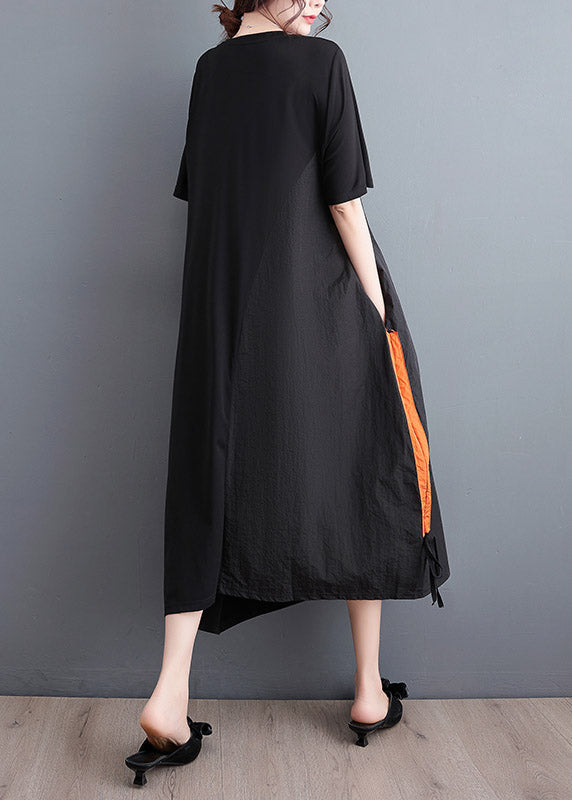 Casual Black Embroideried Floral Drawstring Long Dress Short Sleeve LY3940 - fabuloryshop