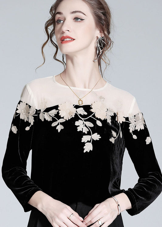 Casual Black Embroideried Patchwork Silk Velour T Shirt Spring LY0095 - fabuloryshop