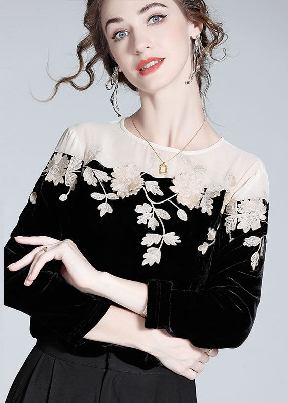 Casual Black Embroideried Patchwork Silk Velour T Shirt Spring LY0095 - fabuloryshop