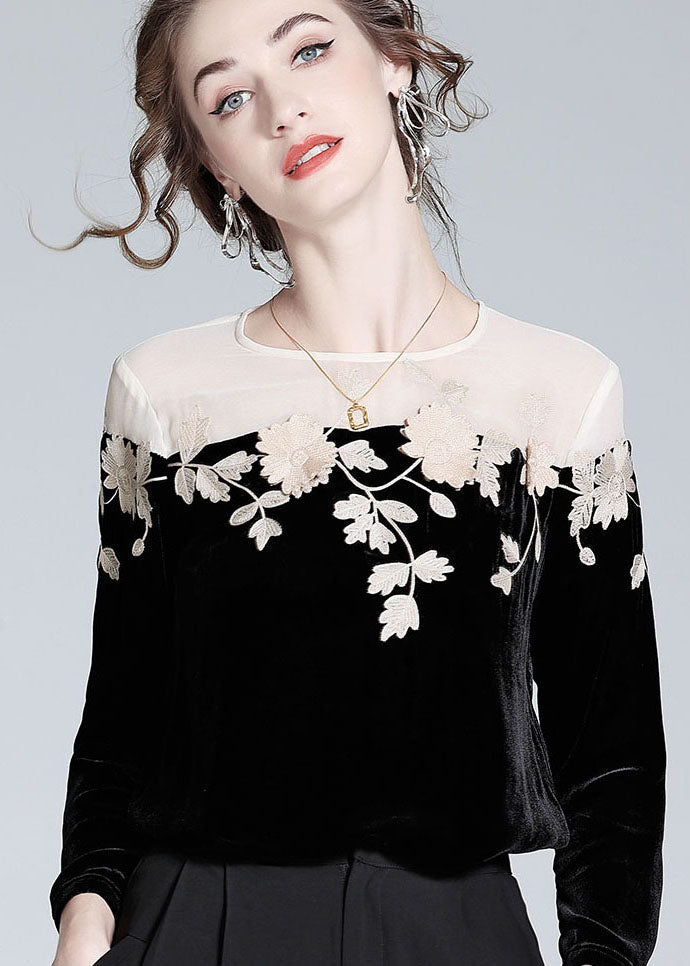 Casual Black Embroideried Patchwork Silk Velour T Shirt Spring LY0095 - fabuloryshop