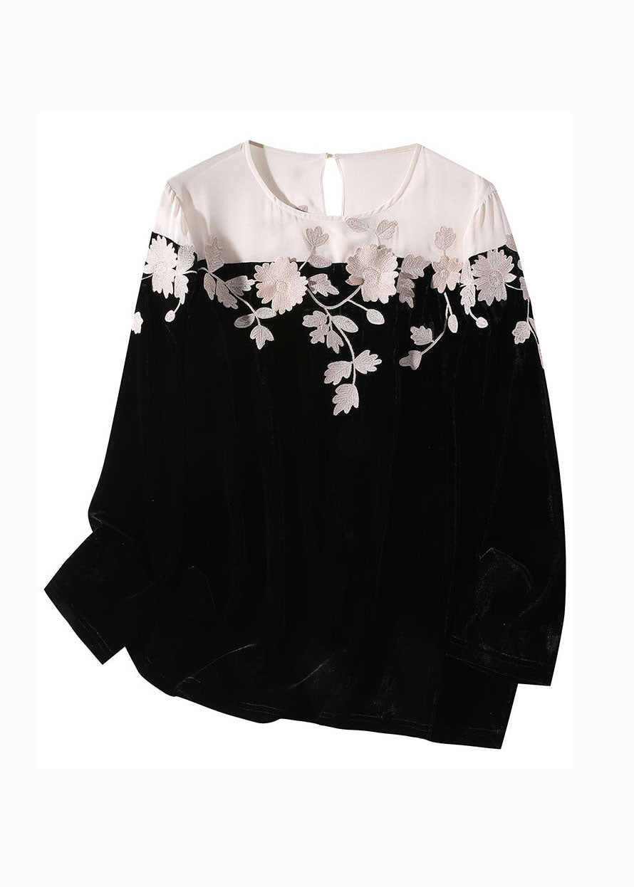 Casual Black Embroideried Patchwork Silk Velour T Shirt Spring LY0095 - fabuloryshop