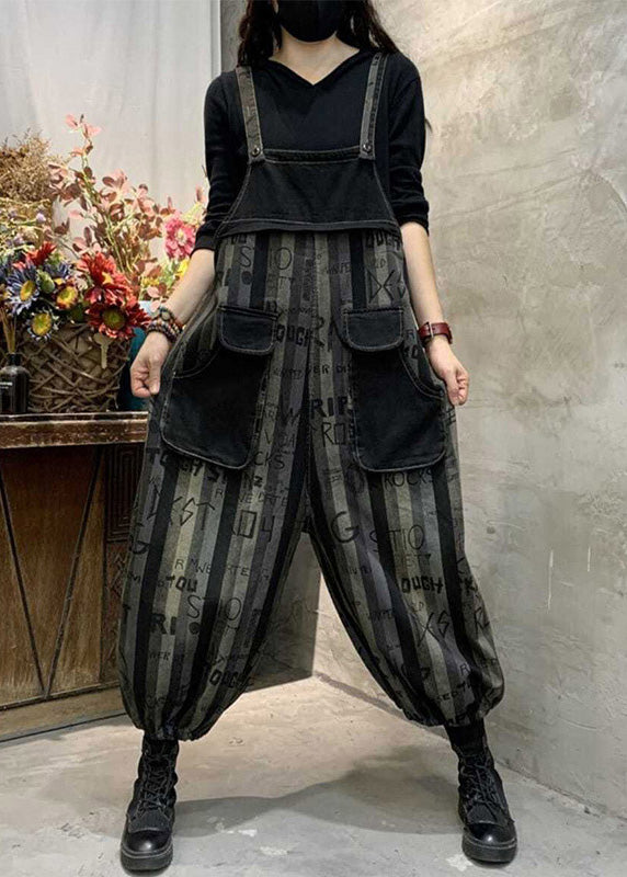 Casual Black Graphic Print Striped Button Denim Jumpsuits Spring LY1282
