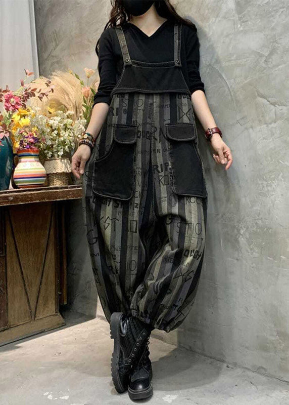 Casual Black Graphic Print Striped Button Denim Jumpsuits Spring LY1282 - fabuloryshop