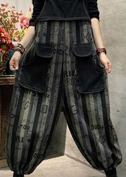 Casual Black Graphic Print Striped Button Denim Jumpsuits Spring LY1282 - fabuloryshop