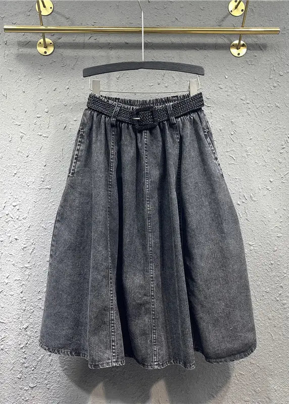 Casual Black Gray Elastic Waist Pleated Pocket Denim Skirt Autumn Ada Fashion