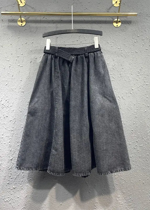 Casual Black Gray Elastic Waist Pleated Pocket Denim Skirt Autumn Ada Fashion