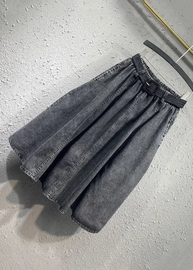 Casual Black Gray Elastic Waist Pleated Pocket Denim Skirt Autumn Ada Fashion