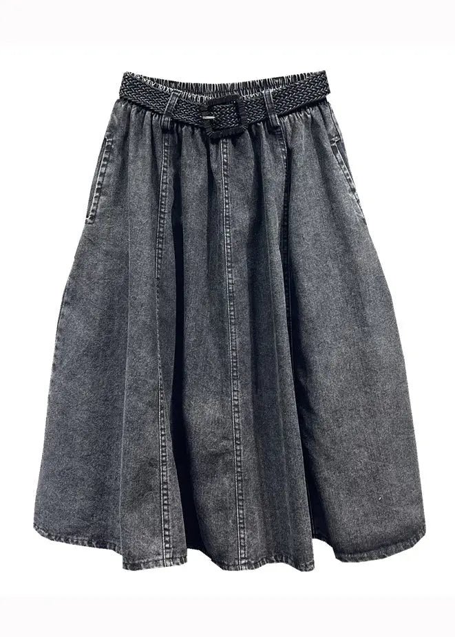 Casual Black Gray Elastic Waist Pleated Pocket Denim Skirt Autumn Ada Fashion