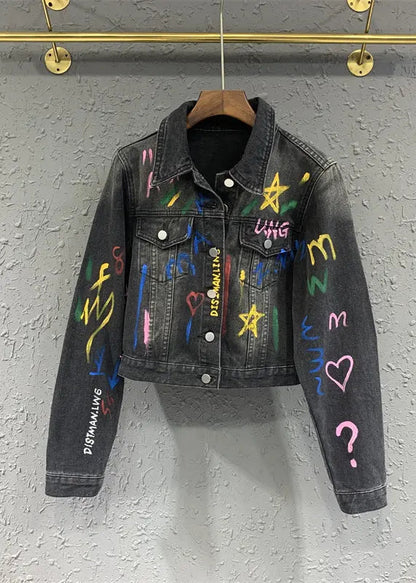 Casual Black Gray Lapel Graffiti Denim Jacket Autumn Ada Fashion