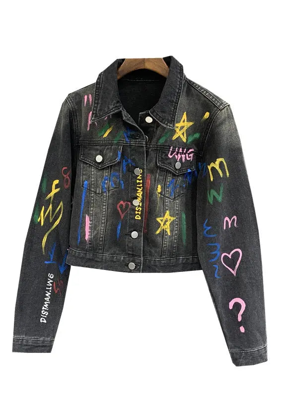 Casual Black Gray Lapel Graffiti Denim Jacket Autumn Ada Fashion