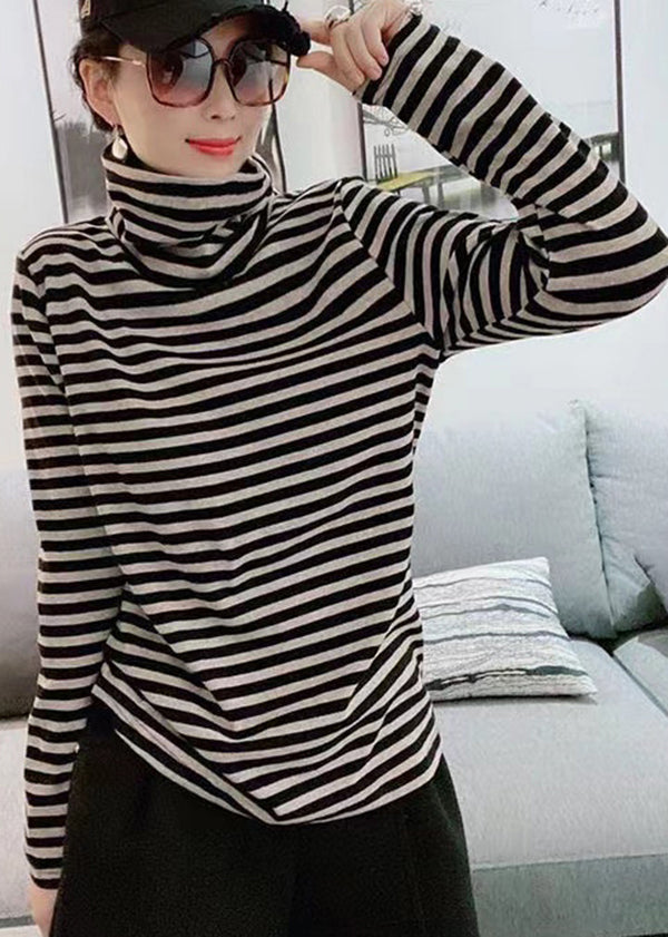 Casual Black Hign Neck Striped Cotton Blouse Top Fall Ada Fashion