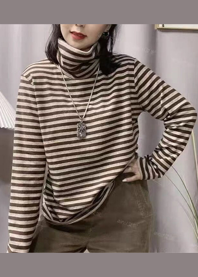 Casual Black Hign Neck Striped Cotton Blouse Top Fall Ada Fashion