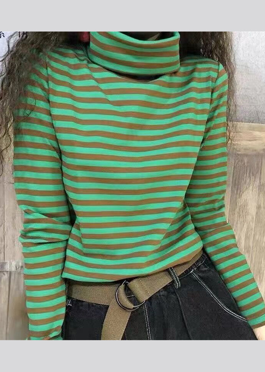 Casual Black Hign Neck Striped Cotton Blouse Top Fall Ada Fashion