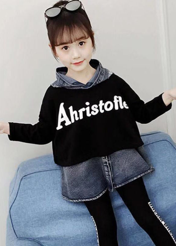 Casual Black Hooded Patchwork Denim Baby Girls Top Fall Ada Fashion