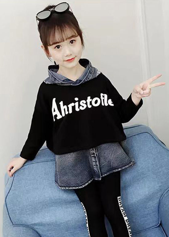 Casual Black Hooded Patchwork Denim Baby Girls Top Fall Ada Fashion