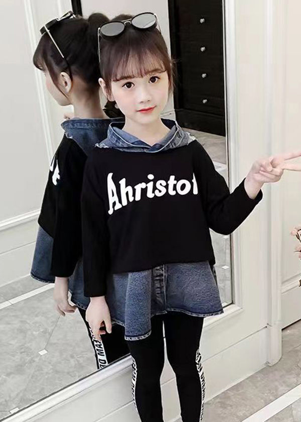 Casual Black Hooded Patchwork Denim Baby Girls Top Fall Ada Fashion