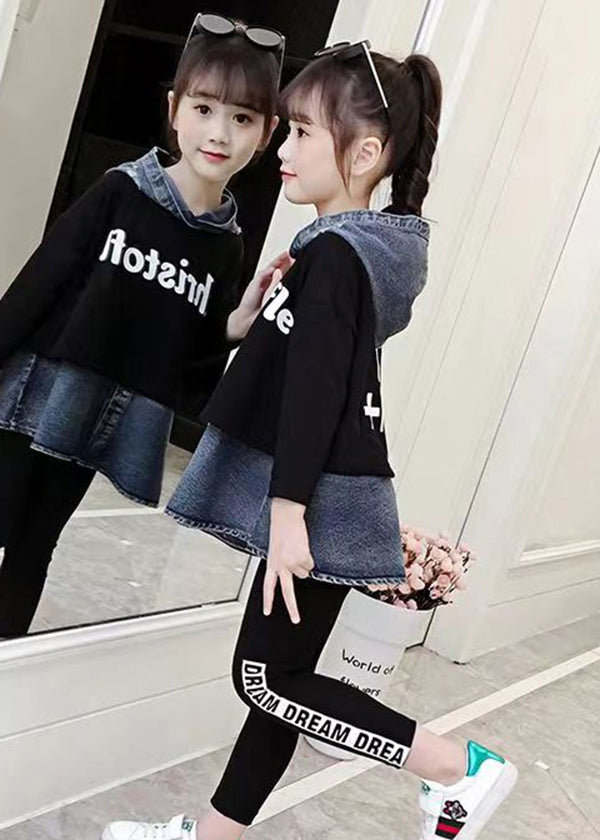 Casual Black Hooded Patchwork Denim Baby Girls Top Fall Ada Fashion