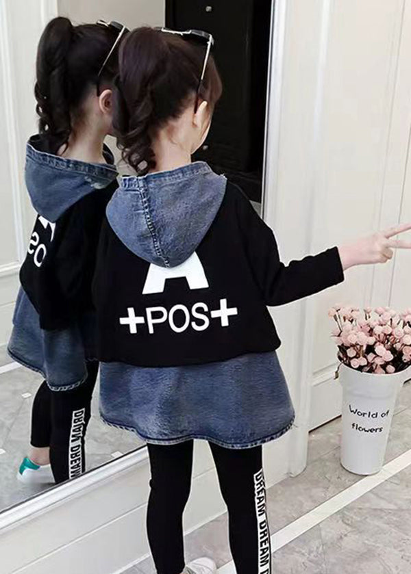 Casual Black Hooded Patchwork Denim Baby Girls Top Fall Ada Fashion