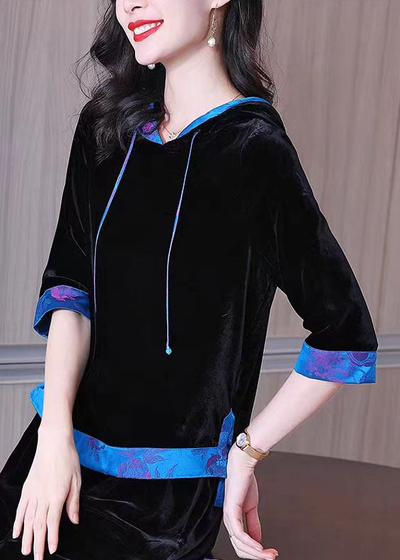 Casual Black Hooded Patchwork Silk Velour Pullover Sweatshirt Half sleeve TF1061 - fabuloryshop