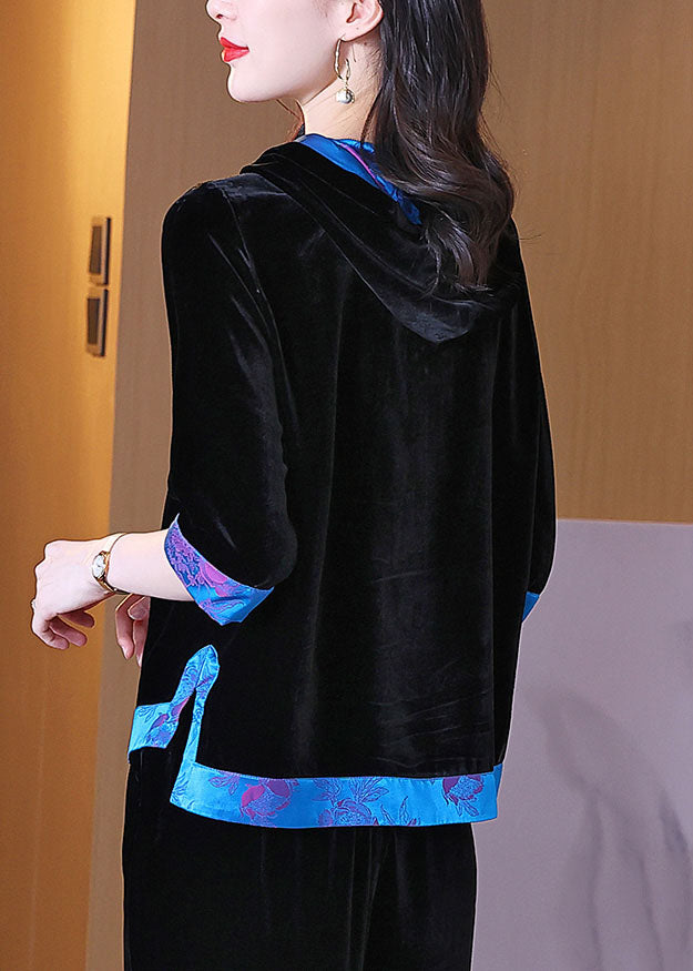 Casual Black Hooded Patchwork Silk Velour Pullover Sweatshirt Half sleeve TF1061 - fabuloryshop