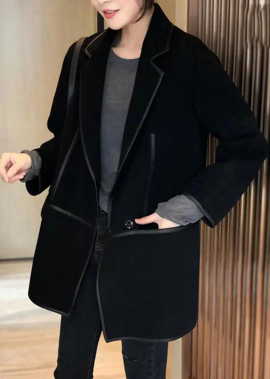 Casual Black Notched Patchwork Pockets Wool Blend Coat Fall Ada Fashion