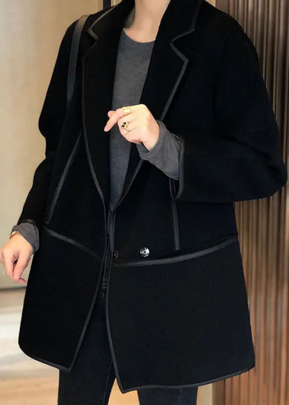 Casual Black Notched Patchwork Pockets Wool Blend Coat Fall Ada Fashion