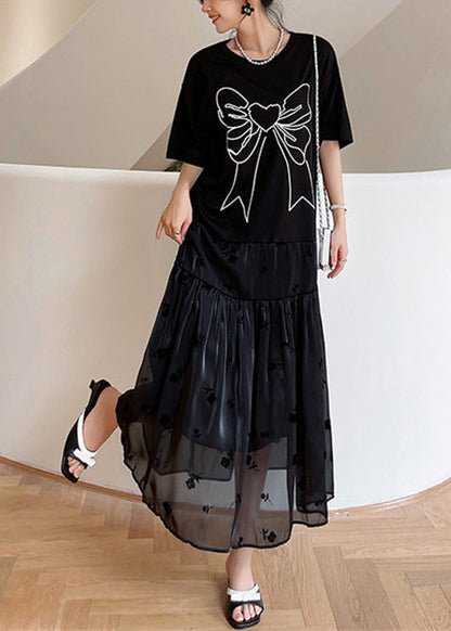 Casual Black O-Neck Bow Tulle Patchwork Cotton Maxi Dresses Summer LY1707 - fabuloryshop