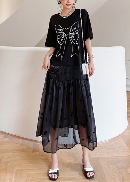 Casual Black O-Neck Bow Tulle Patchwork Cotton Maxi Dresses Summer LY1707 - fabuloryshop