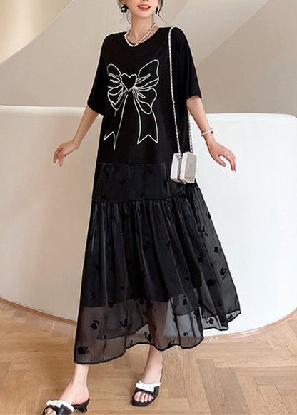 Casual Black O-Neck Bow Tulle Patchwork Cotton Maxi Dresses Summer LY1707 - fabuloryshop