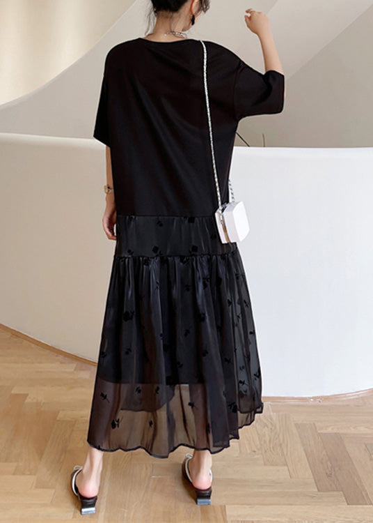 Casual Black O-Neck Bow Tulle Patchwork Cotton Maxi Dresses Summer LY1707 - fabuloryshop