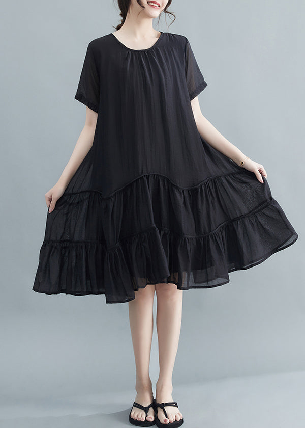 Casual Black O-Neck Patchwork Wrinkled Cotton Dresses Summer Ada Fashion