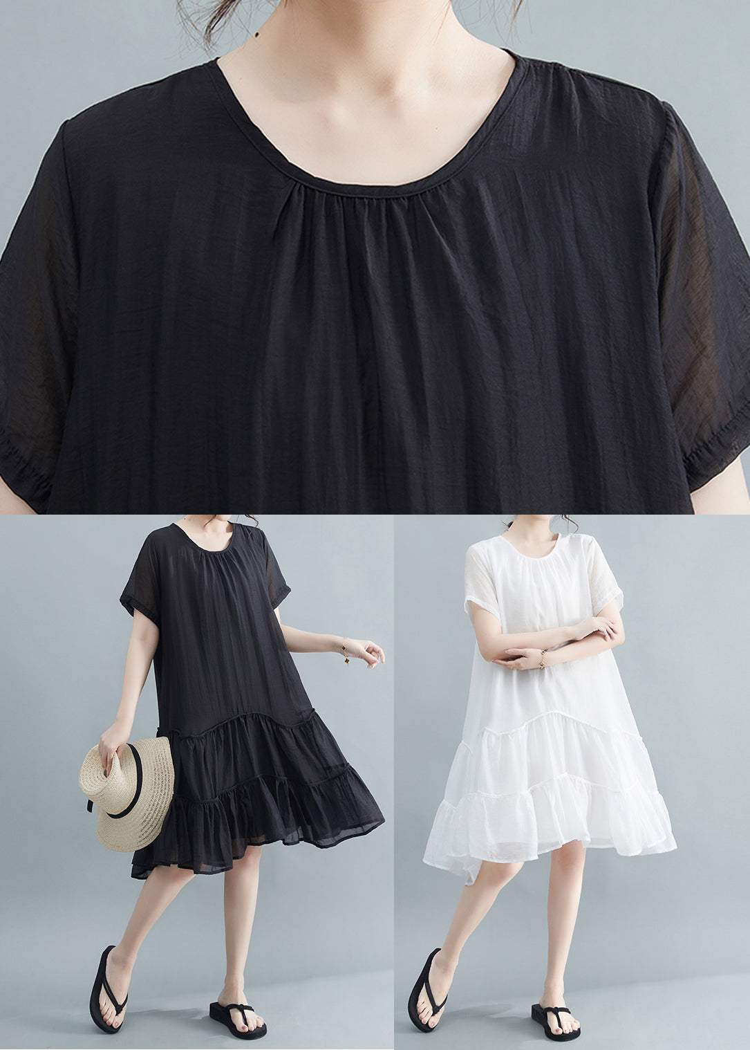 Casual Black O-Neck Patchwork Wrinkled Cotton Dresses Summer Ada Fashion