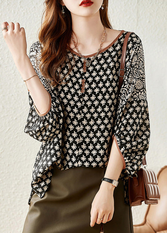 Casual Black O-Neck Print Chiffon Shirt Half Sleeve LY0360 - fabuloryshop