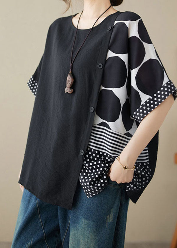 Casual Black O Neck Print Patchwork Cotton T Shirt Tops Summer LY3975 - fabuloryshop