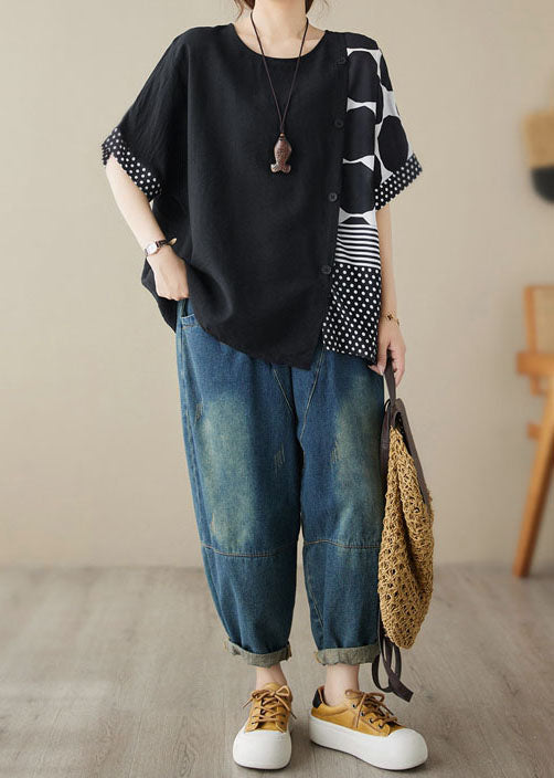 Casual Black O Neck Print Patchwork Cotton T Shirt Tops Summer LY3975 - fabuloryshop