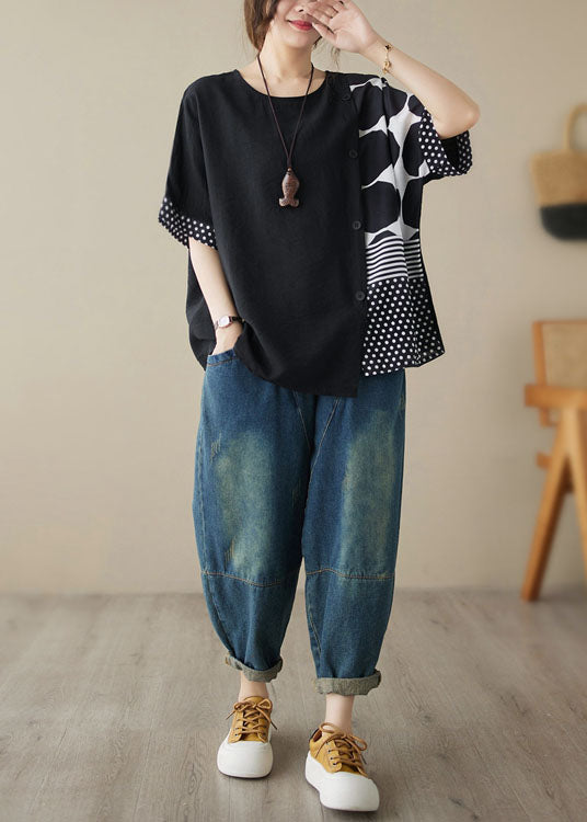 Casual Black O Neck Print Patchwork Cotton T Shirt Tops Summer LY3975 - fabuloryshop